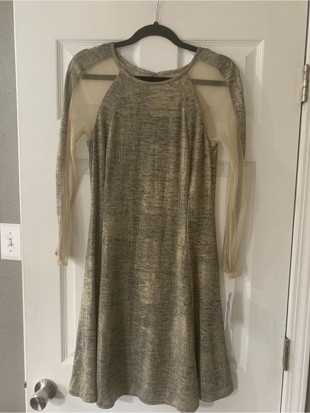 julia jordan Metallic Gold A-line Dress with Sheer Cream Sleeves